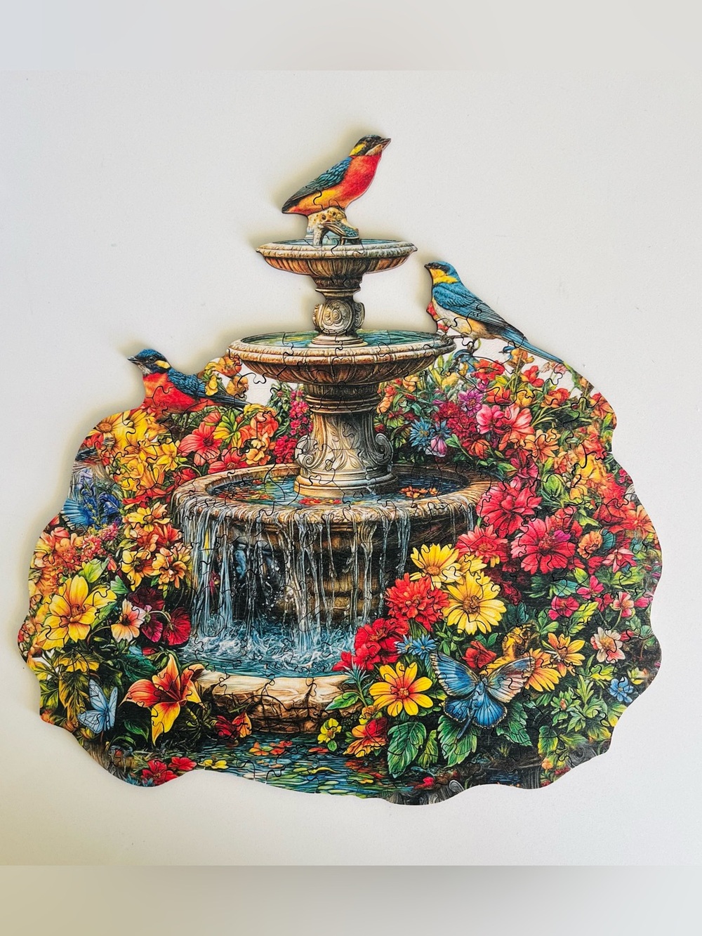 Vibrant Floral Fountain Shaped Wooden Jigsaw Puzzle
